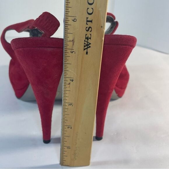 Miu Miu Red Suede Peep Toe Slingback Platform Sandals Size 38.5 Cone Heels - Picture 11 of 12